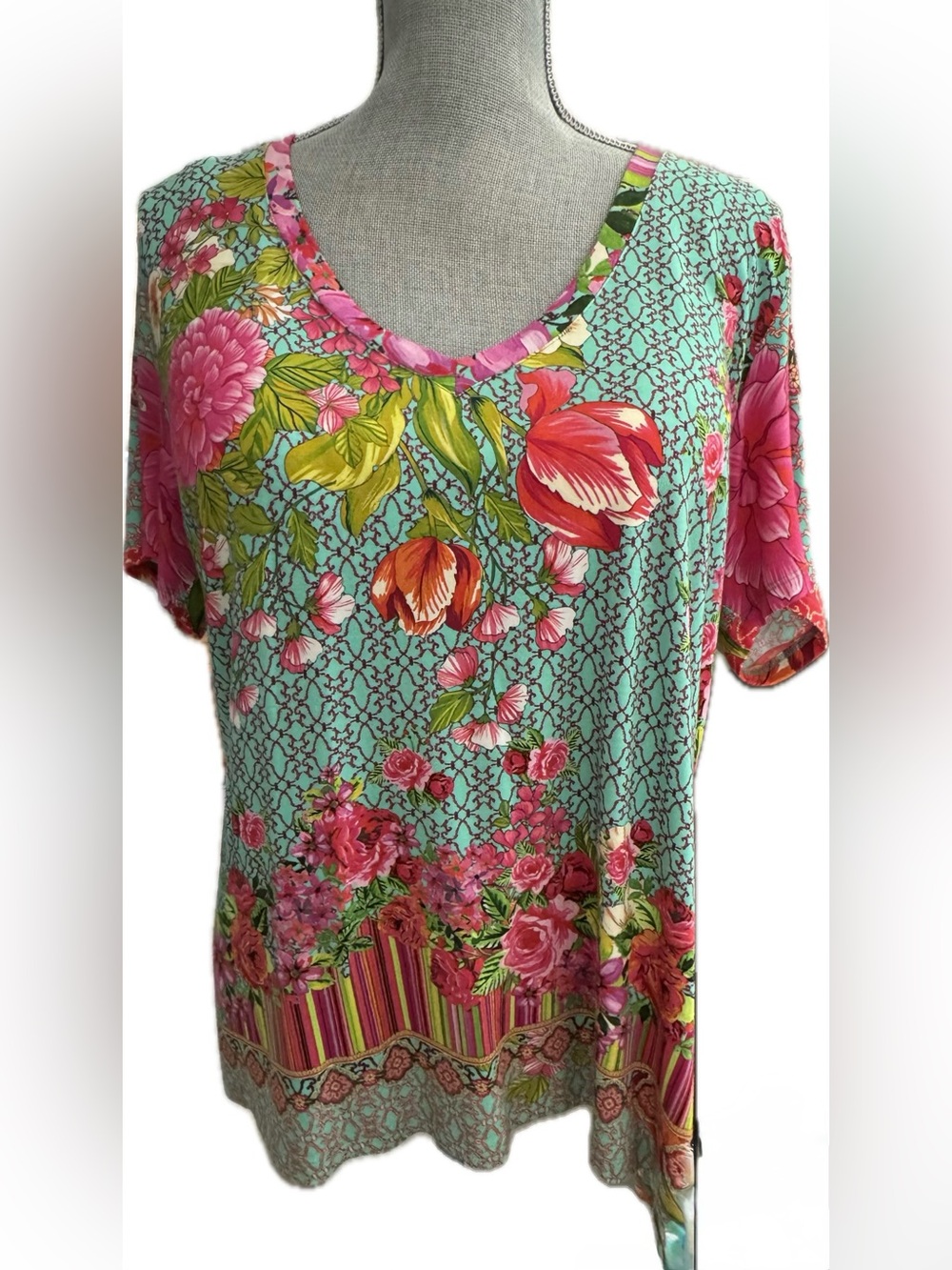 Johnny Was Aqua Floral V-Neck Short Sleeve Top with Bright Pink Accents